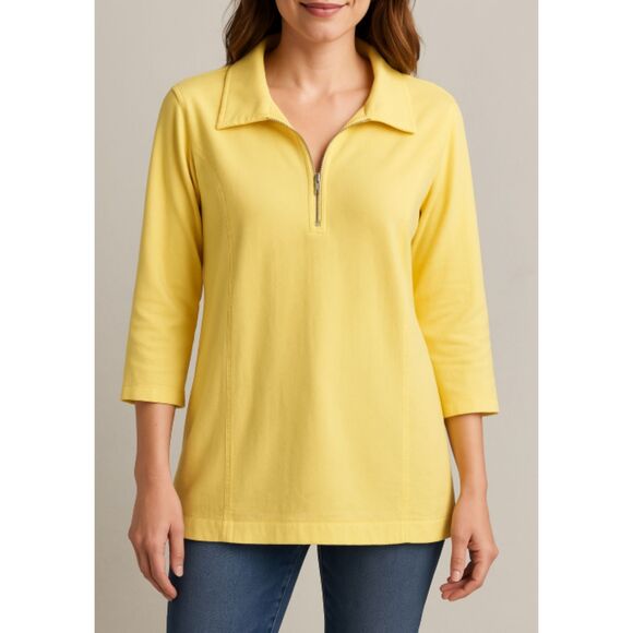 Soft Surroundings Yellow 1/4 Zip Pullover Top Size M Button Hem Knit Shirt - Picture 1 of 10